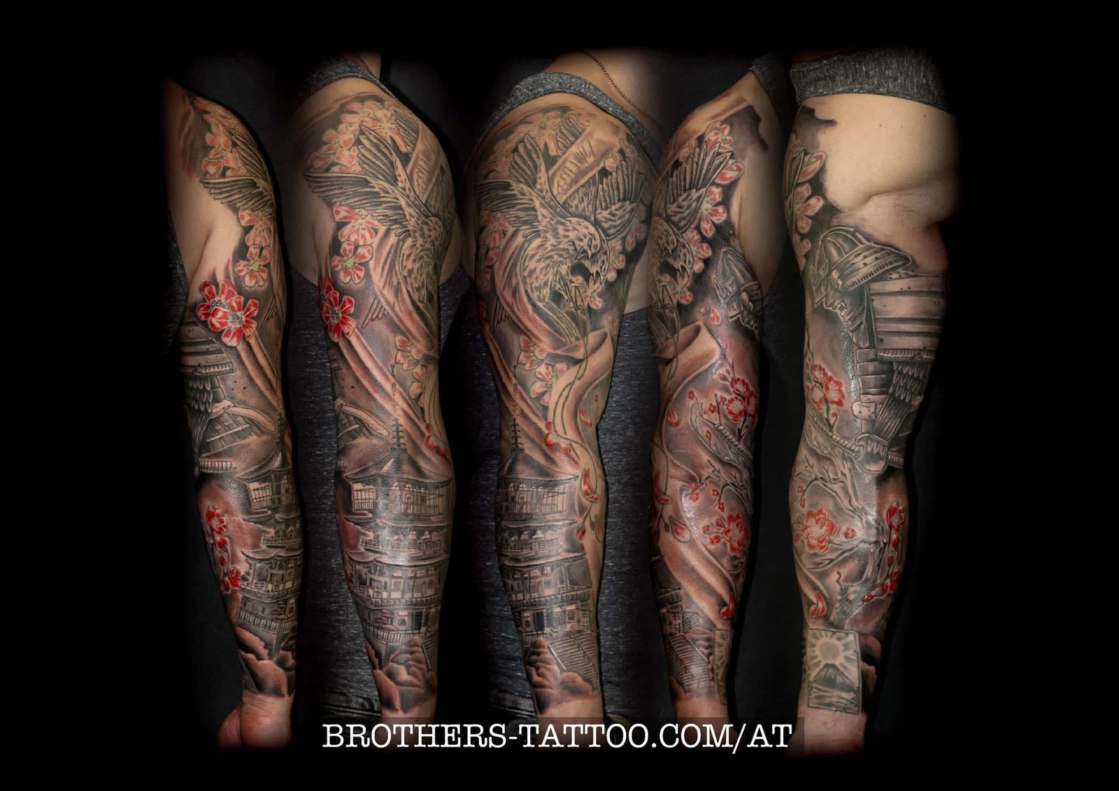temple with birds - tattoogrey wash and red tattoo ( year 2017 )