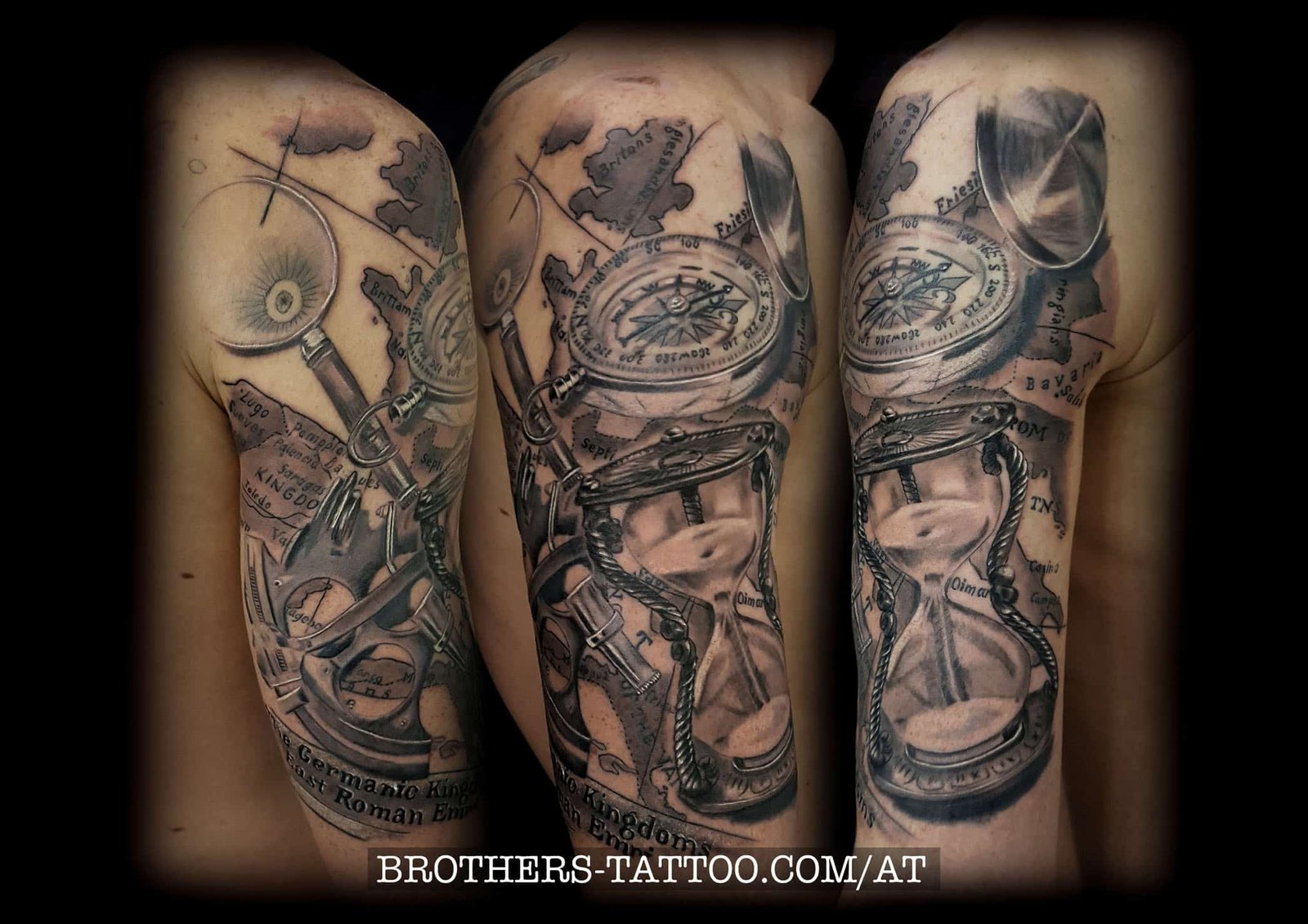 Compass and map - Tattoo - grey wash tattoo