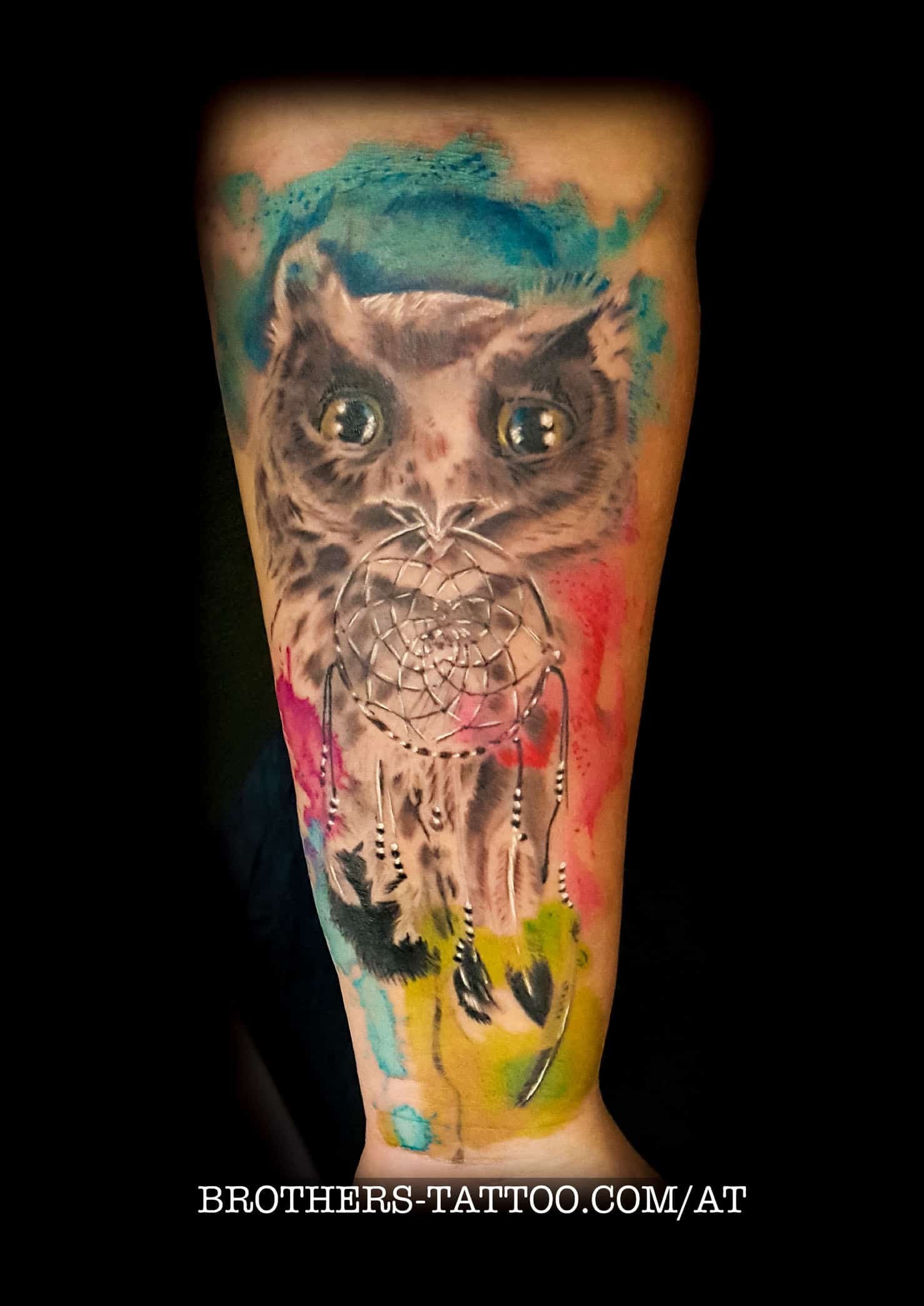 owl with dreamcatche watercolor tattoo ( year 2017 )