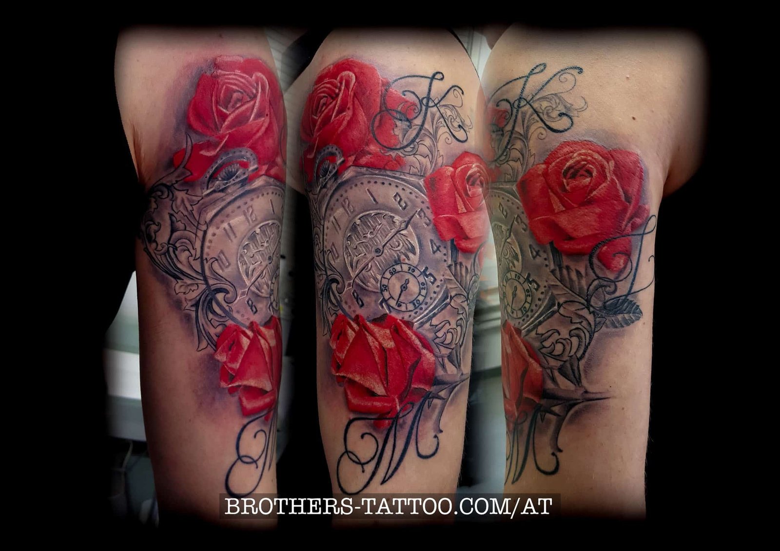 clock and rose - tattoogrey wash and red tattoo ( year 2017 )